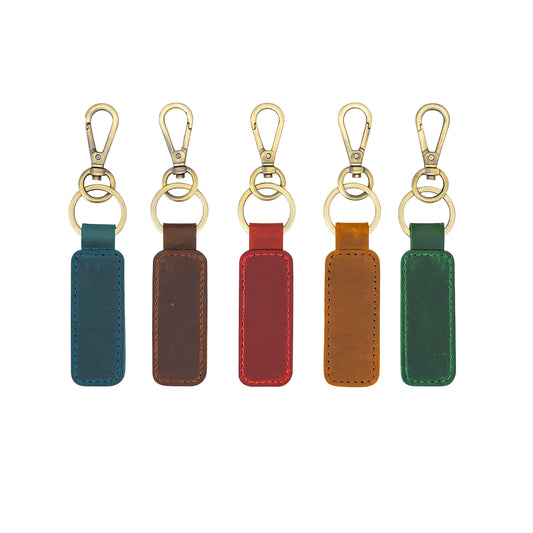 Thick genuine leather keychain in five colors, personalized with laser engraved text