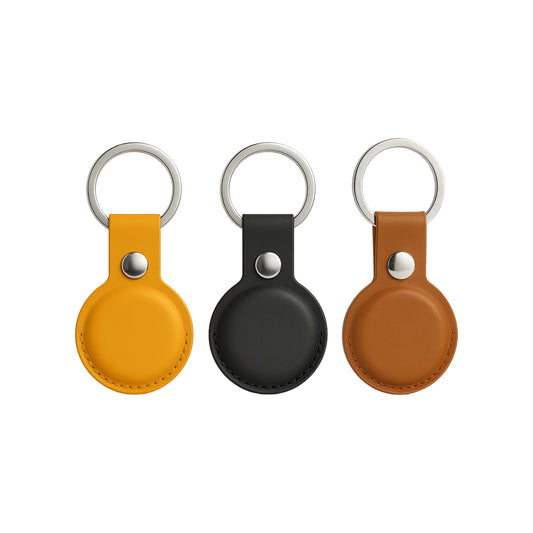 Faux leather AirTag holder keychain in three colors, personalized with engraving