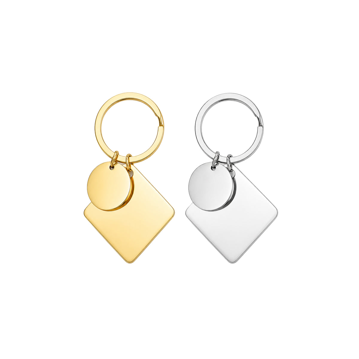 Rhombus and circle stainless steel keychain in gold and silver, personalized with engraving