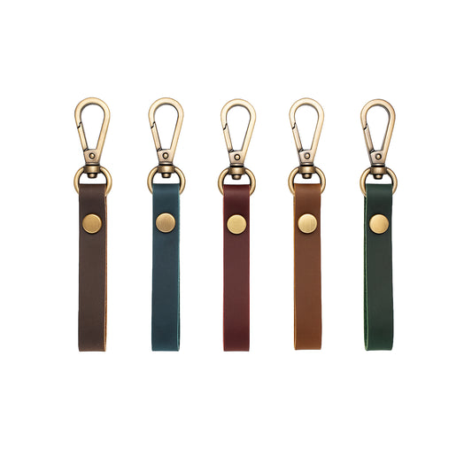 Thin genuine leather keychain in five colors, personalized with laser engraved text