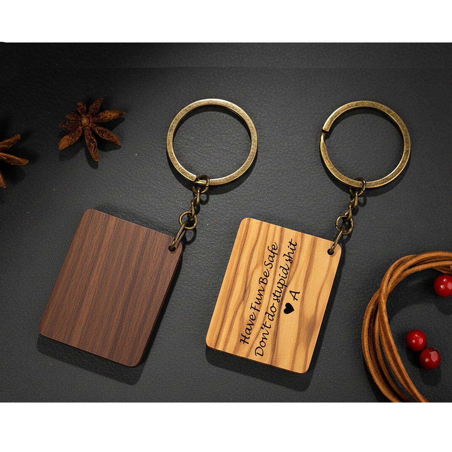 Square Wooden Keychain Engraved Walnut & Olive