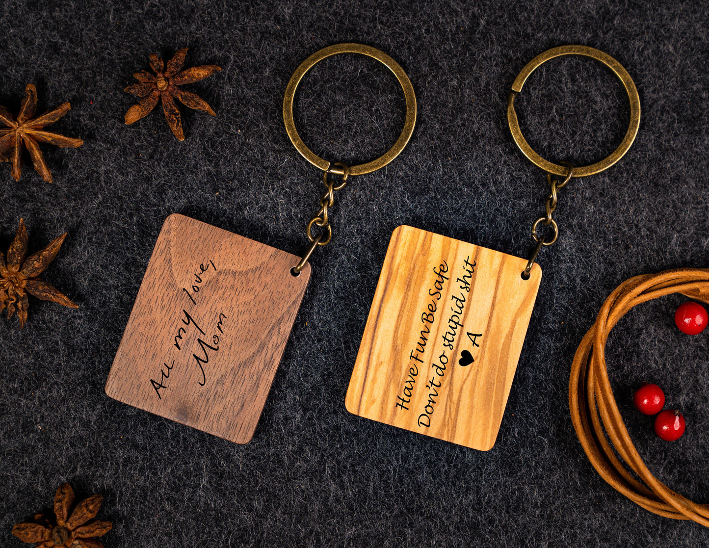 Square Wooden Keychain Engraved Walnut & Olive
