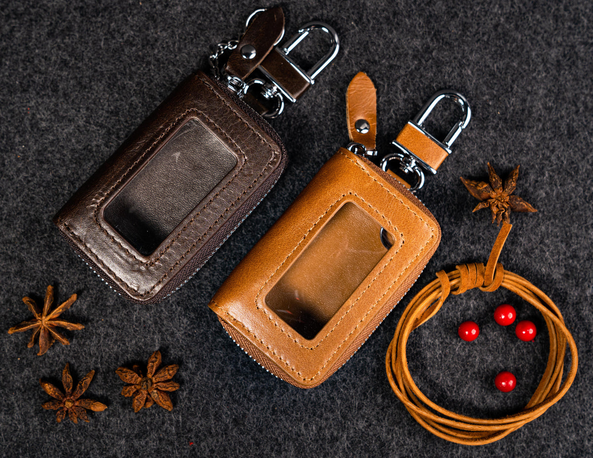 Premium Leather Car Key Case Personalized, Brown & Dark Brown