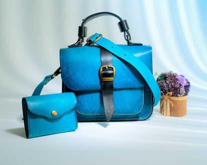 Blue handmade leather handbag set with matching wallet