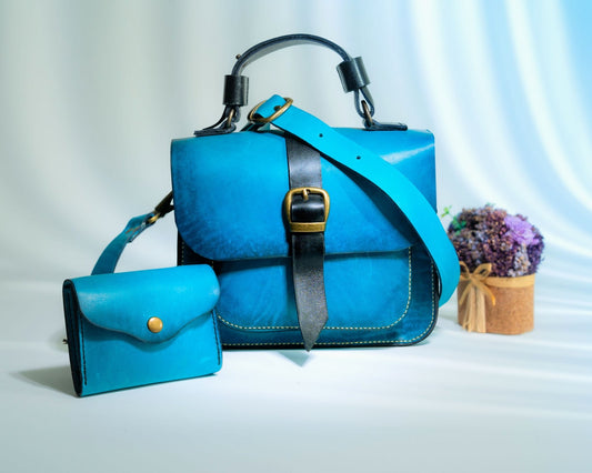 Blue handmade leather handbag set with matching wallet