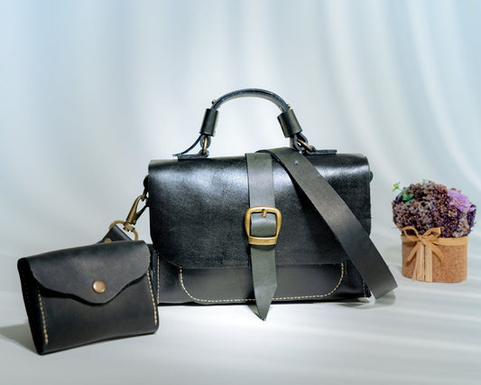 Charm black handmade leather handbag set