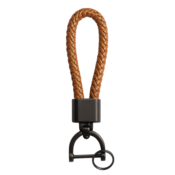 Brown braided leather keychain with black metal clip on a white background