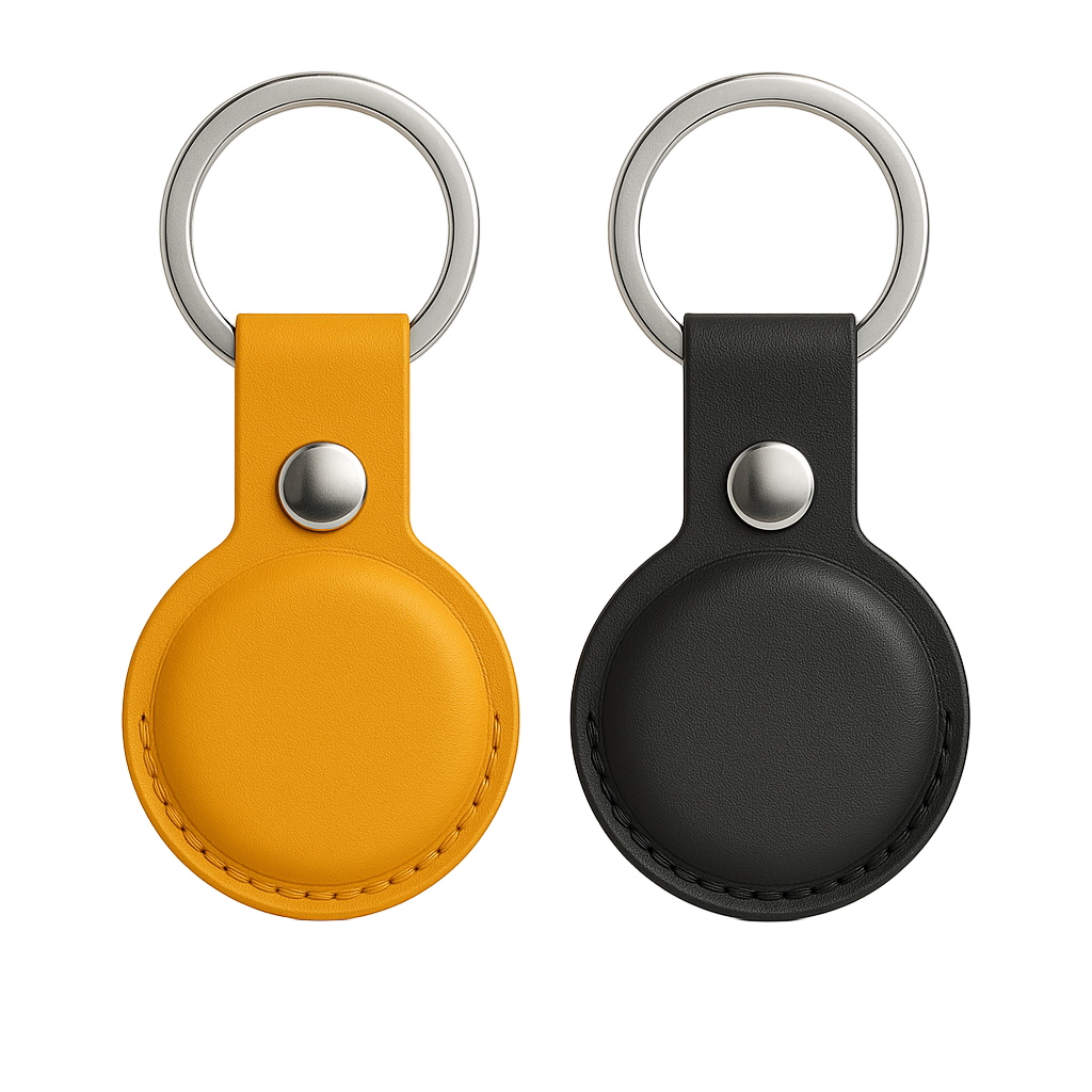Two keychains, one yellow and one black, on a white background