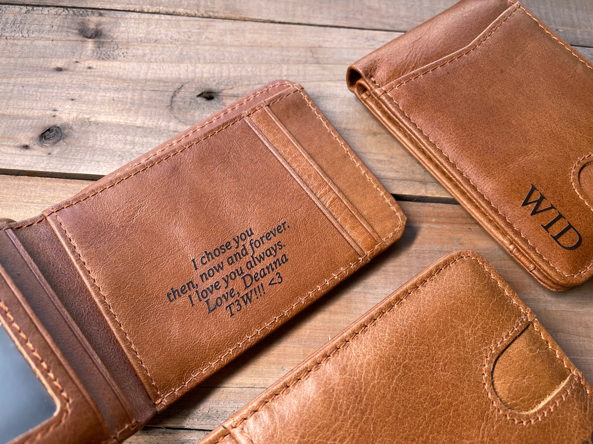 Compact Leather Bifold Wallet Personalized, RFID Blocking