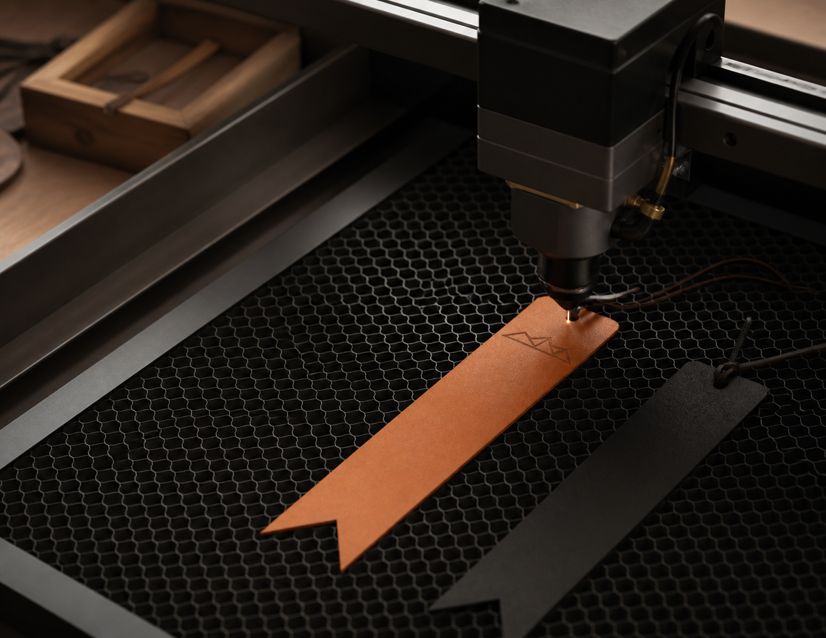 Derichi leather bookmarks positioned beneath a laser engraving machine