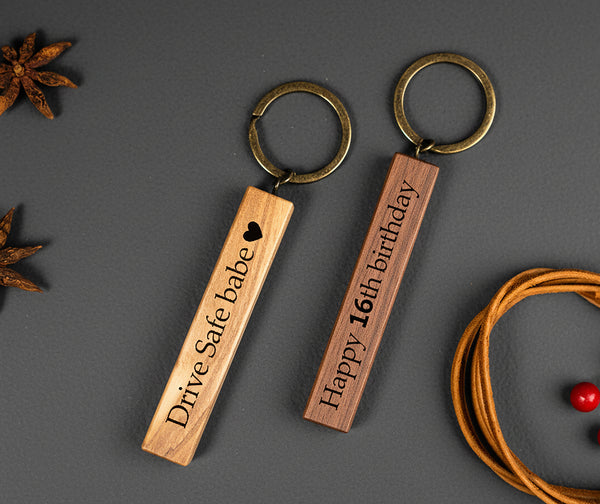 Slim Wooden Bar Keychain — Engraved Walnut & Olive