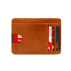 Brown leather wallet with multiple cards on a white background