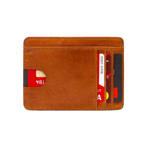 Brown leather wallet with multiple cards on a white background