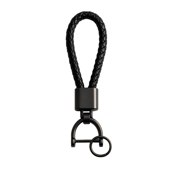 Black braided keychain on a white background
