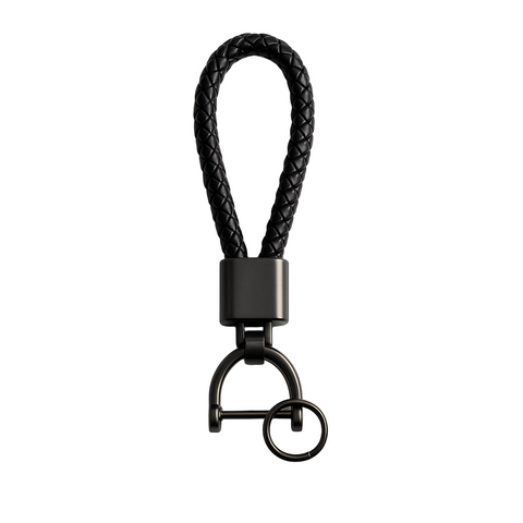 Black braided keychain on a white background