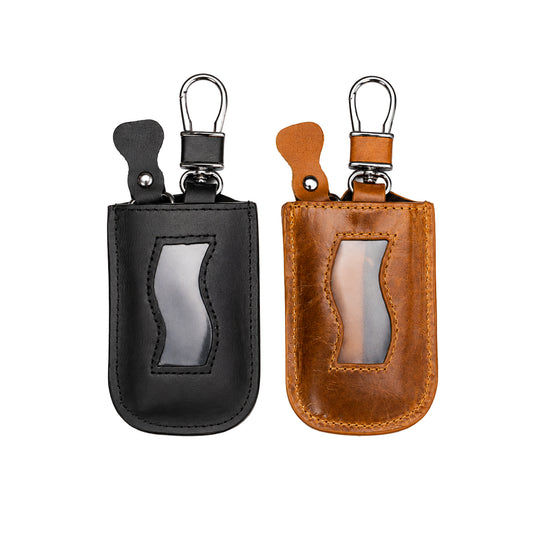 Leather smart key fob pouch in three colors, personalized with engraving