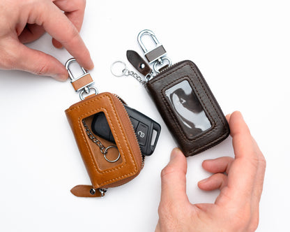 Premium Leather Car Key Case Personalized, Brown & Dark Brown