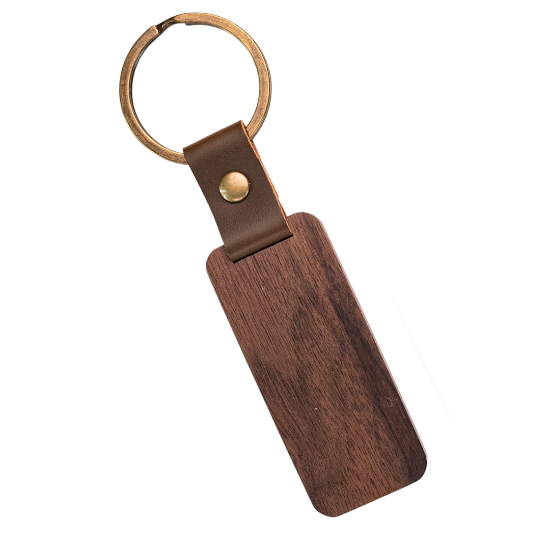 Wooden Tag Keychain Engraved Walnut & Olive, Leather Strap