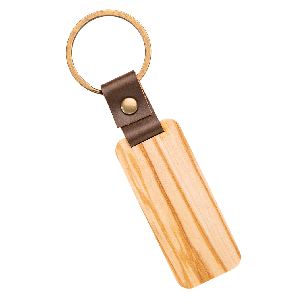 Wooden Tag Keychain Engraved Walnut & Olive, Leather Strap